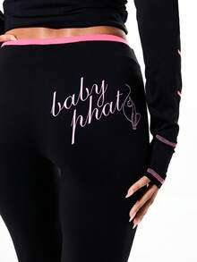 BABYPHAT Women's High Waisted Flare Leggings With Tie Waist Detail And Side Contrast Trim For Casual Everyday Wear - Black - View 3