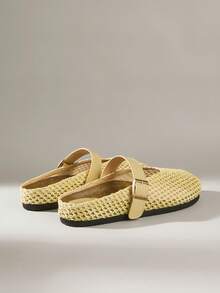 Solecia 女士鞋 春夏新款编织鞋面设计 圆头 海边度假自然休闲风 编织面料，皮革装饰 黄色女士凉鞋 海边度假、夏季旅行、旅行服饰 - 黃色 - 查看 4