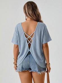 Freevana Plus Size Waffle Knit Criss-Cross Backless Solid Color Batwing Sleeve T-Shirt - Dusty Blue - View 2