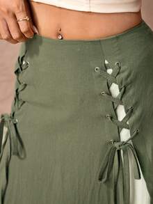 ROMWE Fairycore Mint Green Casual Skirt For Women ,Petite Women - Dark Green - View 3