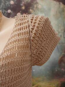 EgrlEra Cardigan de Tricô com Cadarço de Manga Curta, Estilo Resort Costeiro, Top de Tricô Curta Feminina para Verão - Caqui - Visão 4
