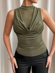 Lavishia Canotta in pizzo con scollo profondo da donna, per primavera/estate - Verde militare - Visualizzare 4