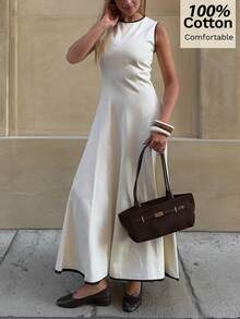 Siren Gaze 新款撞色滚边腰部A字连衣裙，女士春夏款 - 杏色 - 查看 7