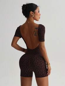 Dewbera 女士无缝性感露背豹纹连体运动服 - 咖啡棕 - 查看 7