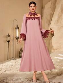 SHEIN Najma Vintage Romantic Colorblock Decorative Patchwork Women Long Sleeve Fashionable Young Dress - Pink - View 2
