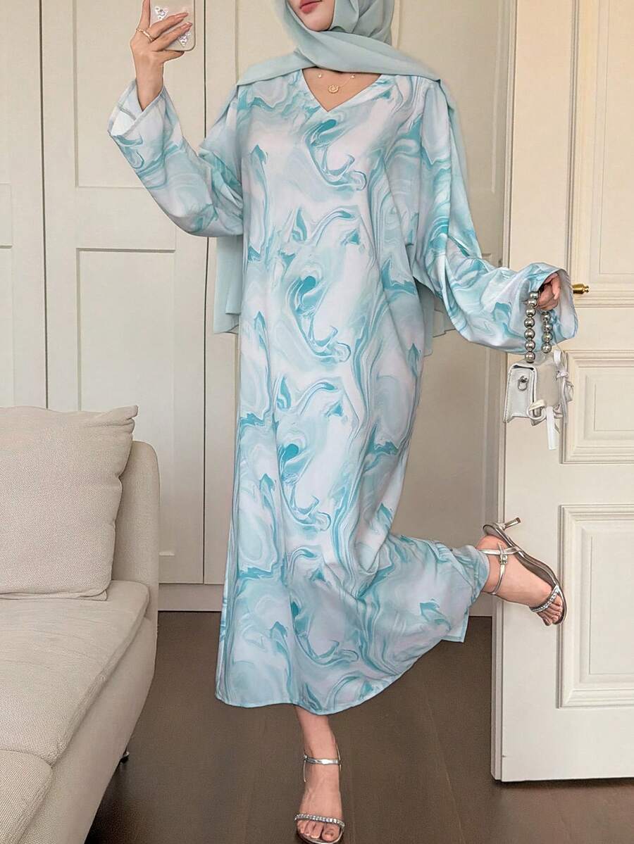 DAZY Women's Elegant Floral V-Neck Straight Dress With Veil, 2 Pieces Set, Spring/Summer - Blue - View 1