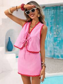 Vivid Eden 女士夏季度假系带上衣和裙子两件套 - 玫紅色 - 查看 10