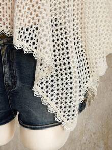 SHEIN ICON 大码性感薄纱沙滩罩衫，米色水溶蕾丝边钩编薄纱罩衫（女士款） - 米色 - 查看 8