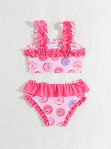 Young Girl Donut Print Frill Trim Bikini Set,Summer Beach Holiday Kids High Waist Ruffled 2 Pcs Bathing Suit,Toddler Girls Two Pieces Swimwear Set - Hot Pink - View 2