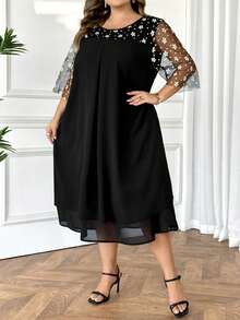SHEIN CURVE+ Đầm cỡ lớn dáng rộng cổ tròn phối lưới hoa văn, thích hợp cho mùa hè - màu đen - Xem 3