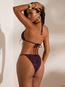 Opulessa Women's Summer Rose Gold Metal Starfish Decor Bikini Bottom,Casual Beach Party,Vacation,Holiday,,Elegant Y2k Carnival Costume,Beach Set - Burgundy - View 2