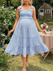 SHEIN Vestido largo de maternidad con cordones para atar - Azul - Ver 5