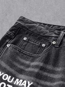 Manfinity EMRG Young Street Style Washed Straight Loose Fit Letter Slogan Print Jeans, Spring/Summer - Black - View 7