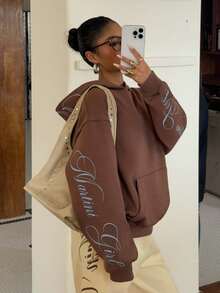 Muchica 女士休闲棕色刺绣卫衣，秋冬季，外出，街头服饰 - 棕色 - 查看 5