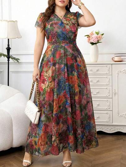 Reflora Plus Size Women Green Floral Print Overlap V-Neck Long Sleeve Ruffle Hem Elegant Boho Dress, Summer Holiday Tea Party Dress, Wedding Guest Wedding Party Dress, Luxury Evening Dresses For Weddings, Bridesmaid Dress, Graduation Ceremony Outfit For Mother, Elegant Long Dress, Casual Long Dress, Luxury Women's Jalabiya Abaya, Formal Wear