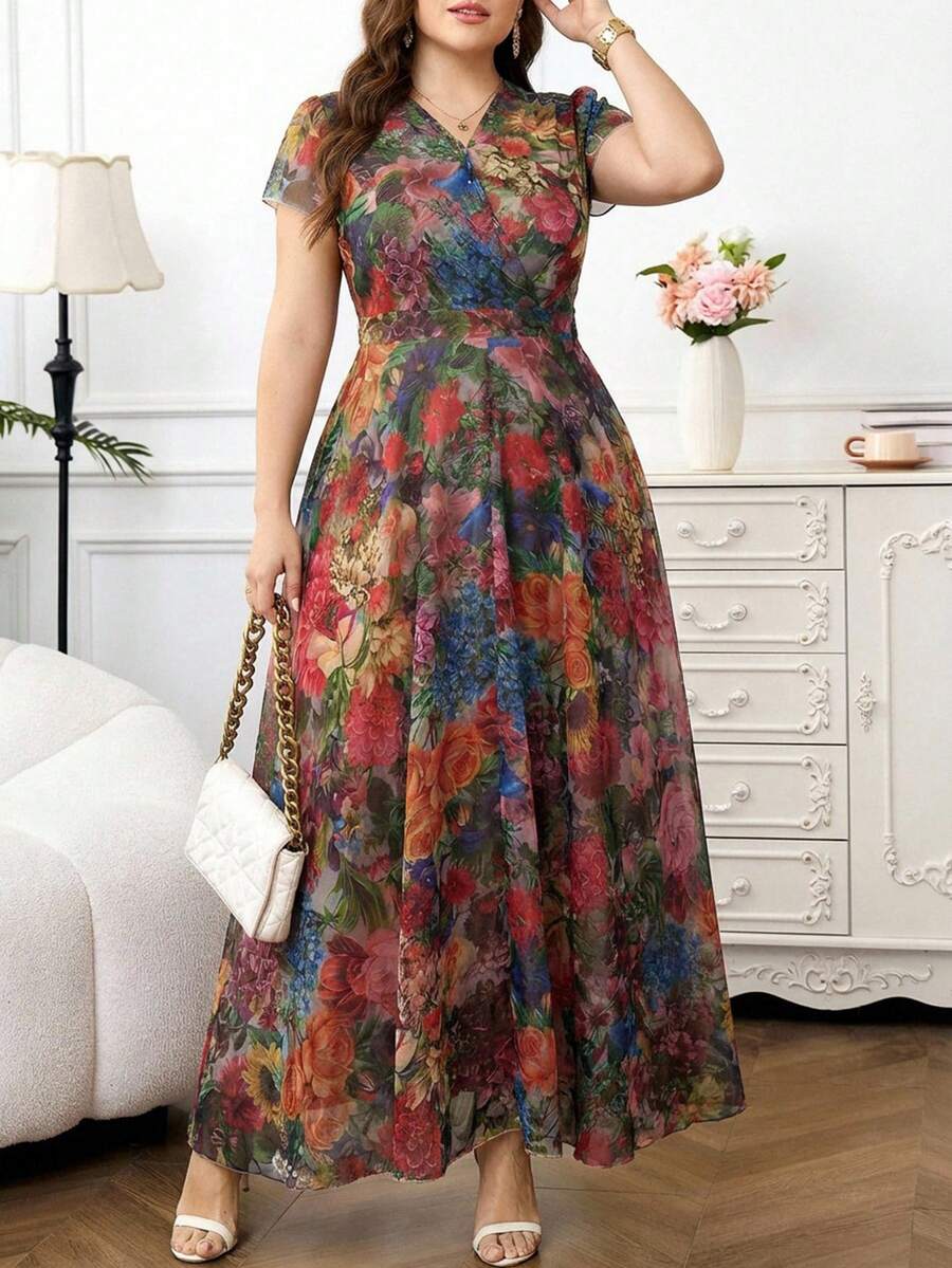 Reflora Đầm hoa thanh lịch dành cho nữ cỡ lớn, đầm dự tiệc cưới mùa hè. - Nhiều màu - Xem 1