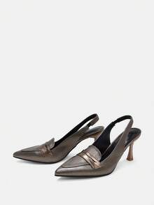 2025秋冬季女士细跟尖头乐福鞋，带后跟带，优雅高跟鞋 - 銅色 - 查看 3