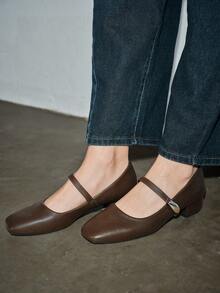 女士3厘米布面包跟黑色时尚百搭玛丽珍低跟粗跟优雅平底鞋，另有藏蓝色、咖啡色、酒红色可选 - 深棕色 - 查看 5