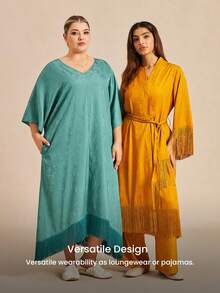 All-Season Mustard Satin Robe Comfortable Tie-Waist Sleep Gown With Fringe Trim Loose-Fit Midi Robe With Fringe Details Pyjama - Yellow - View 11