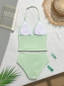 SHEIN Tween Girls Tankini 2-Piece Swimwear Set, Mint Green Ribbed Fabric Camisole Top With Adjustable Shoulder Straps, Seashell & Starfish Decor, Matching Triangle Bottoms, Cute Beach/Pool/Vacation Outfit For Summer High Waist Swimwear Set Modest Bikini Set Bathing Suit Set Swimwear Girls Set Swimwears Green High Waist Swimsuit Set Swimsuits For Teen Girls Green - Green - View 2