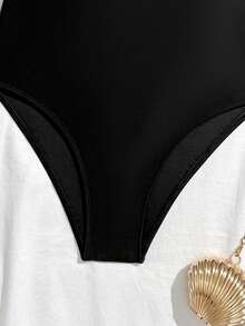 SHEIN Baju Renang Terusan untuk Remaja Perempuan, Warna Hitam Polos, Bahan Rajut Pas Badan, Tali Segitiga Silang yang Dapat Diatur, Model Tank Top yang Awet Muda untuk Musim Panas, Pantai, Liburan - Hitam - View 3