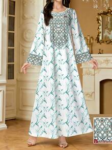 SHEIN Najma 绿色大理石纹理V领长袖连衣裙，领口饰有图案印花，优雅阿拉伯风格连衣裙，春夏款 - 彩色 - 查看 1