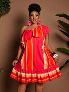 Maweii Plus Size Women Striped Print Ruffle Trim Asymmetric Shoulder Sleeveless A-Line Dress - Multicolor - View 1