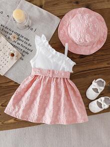 SHEIN Baby GirlElegant Houndstooth Ribbed Fabric Spaghetti Strap Ruffle Trim Dress With Hat, Cute For Spring/Summer - Pink - View 2