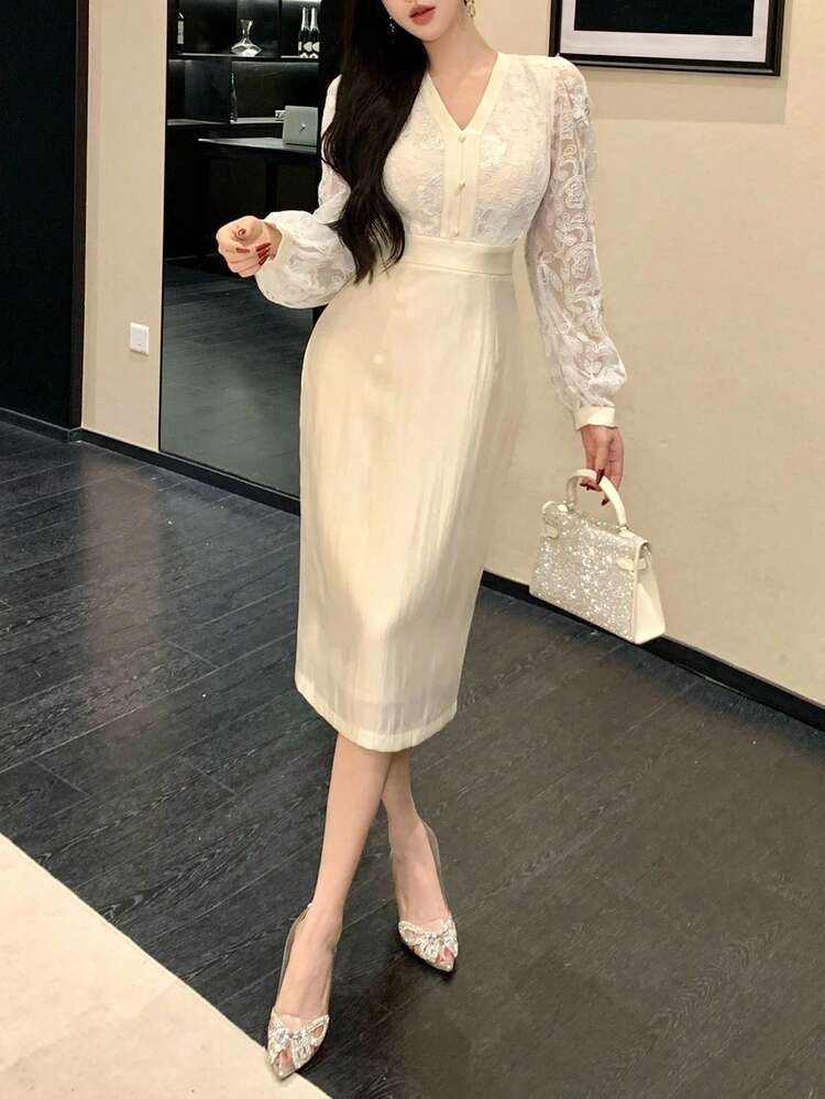 Women's Elegant Front Button V-Neck Long Sleeve Patchwork Dress