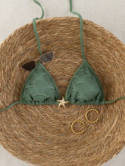 Swim Vcay 女士极简主义镂空贝壳面料系带露背基础款泳衣上装，夏季必备