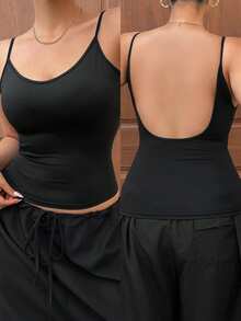 Dazy Plus Áo hai dây lửng ôm sát, màu trơn, chất liệu chun co giãn, thích hợp cho mùa xuân/hè. - màu đen - Xem 1