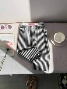SHEIN LMoss Kids Quần dài cạp chun kẻ sọc hồng dễ thương, đa năng cho bé gái, thích hợp cho mùa xuân/hè. - màu đen - Xem 7
