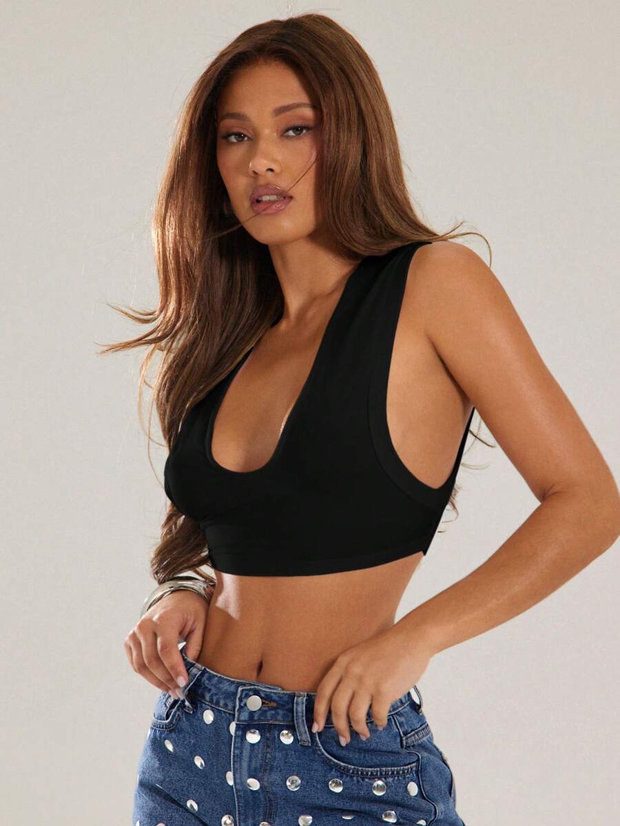 Denimoi Semi Sheer Burnout Scoop Neck Top Cropped Tank Top Fashion Everyday Wear Streetwear Concert - Black - View 1