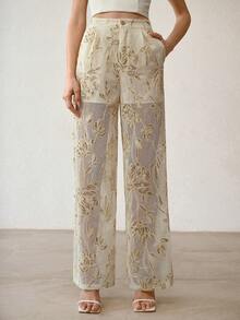 MOTF PREMIUM HEAVILY BEADED EMBROIDERED WIDE LEG RELAXED FIT PANTS FOR WOMEN - Apricot - View 5