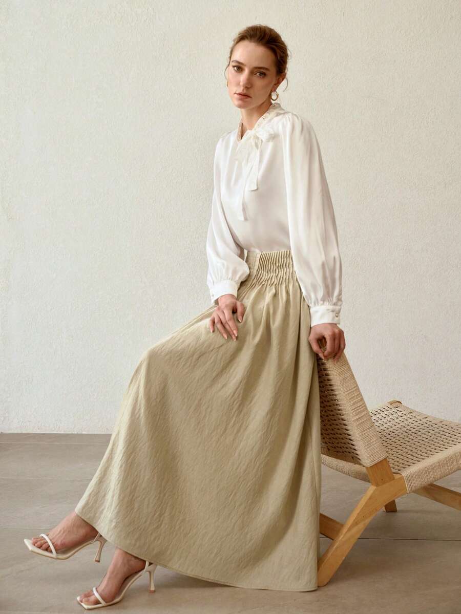 MOTF PREMIUM 女士卡其色褶裥长裙，蓬松裙摆