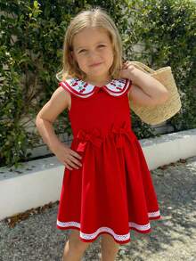 少女红色双层彼得潘领无袖束腰蝴蝶结樱桃印花连衣裙，时尚夏季海滩度假风 - 紅色 - 查看 4