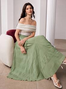 Modelyn Chân váy xanh lá cây mềm mại, rủ nhẹ, có họa tiết, dáng bất đối xứng, cạp chun co giãn, kiểu dáng suông, thanh lịch. - màu xanh lá - Xem 5