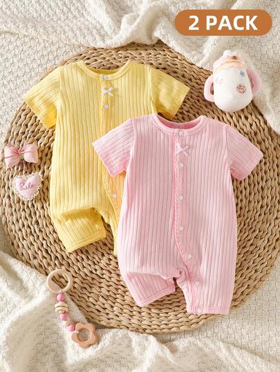 SHEIN Playful Pals 2pcs/Set Newborn Baby Girl Jumpsuit, Bowknot Front, Ribbed Short Sleeve Romper, White & Pink, Cotton Moisture-Wicking, Suitable For Indoor And Outdoor Wear, Summer Newborn Outfits Newborn Spring Clothes Newborn Sweater Knit Romper Infant Knitted Outfits Cotton Newborn Clothes Newborn Girl Spring Romper Ribbed Baby Romper Baby Short Sleeve Romper 2 Pack Baby Clothes Newborn Jumpsuit Bamboo Baby Clothes Baby Girl Outfits Baby Outfits Baby Unisex Clothes Newborn