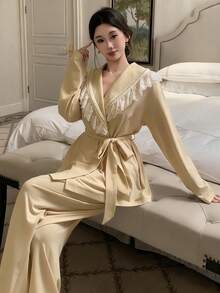 DAZY 两件套女士蕾丝荷叶领宽松长袖直筒长款睡衣套装，春季睡衣套装 - 米色 - 查看 4