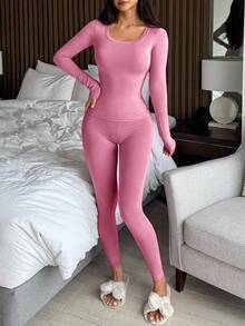 DAZY 2pcs/Set Women Solid Color Comfortable Knit Scoop Neck Fitted Base Layer Top And Pants Loungewear Set - Pink - View 5