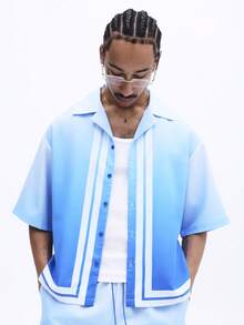 SUMWON 男士蓝色渐变条纹短袖衬衫和配套短裤套装，饰有印花图案，适合夏季度假休闲穿着 - 藍色 - 查看 5