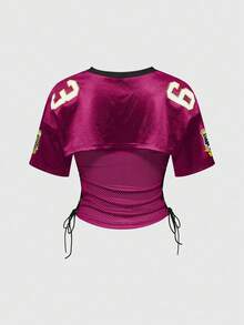 ROMWE Street Life Spring/Summer Graphic 2pcs/Set Street Style Sports Jersey Cropped T-Shirt & Tube Top - Red - View 2