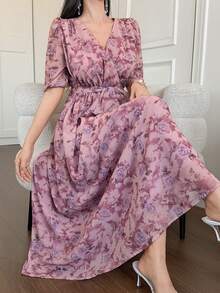 DAZY Women's V-Neck Waist Cinched Floral Print Long Dress Sundress Summer - Pink - View 3