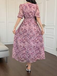 DAZY Women's V-Neck Waist Cinched Floral Print Long Dress Sundress Summer - Pink - View 6