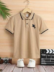 SHEIN Tween Boy Collared Solid Color Short Sleeve Polo Shirt Summer Y2k Vacation Goth Gothic Streetwear Sumwon Burgundy Holiday Vintage Boho Festival Gras Party Cute Birthday Boys Modest Home Casual Cozy - Khaki - View 6