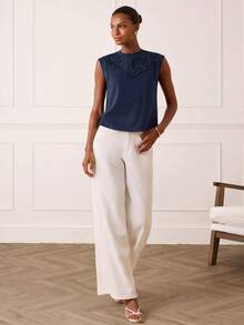 Lilora 女士极简纯色拼接无袖T恤 - 寶藍色 - 查看 5