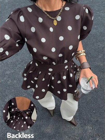 Siren Gaze Women's Brown Backless Blouse With Bow Tie, Fitted Waist, And Ruffled Hem, Perfect For Spring And Summer. Also Available: 2026 New Style Puff Sleeve Top, Elegant And Versatile. Polka Dot Puff Sleeve Top Brown Peplum Top Polka Dot Peplum Blouse Brown Polka Dot Top