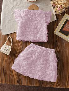 2pcs 2 Pieces Set Baby Girl Chic Stylish Sweet 3D Rose Floral Flower Petal Texture Squishy Mesh Tulle Ruffle Flutter Sleeve Button Front Soft Lightweight Skirts Tops Summer Tops Shirts Tank Tops Summer Dress Style Outfits Clothing Sets Two Pieces Suits Easter Dress Party Birthday Holiday Event Spring Summer Autumn - Dusty Pink - View 2