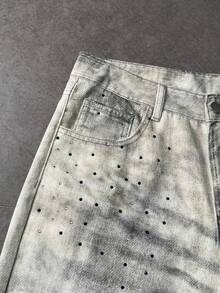 ROMWE MEN Grunge Punk Men's Casual Everyday Rhinestone Embellished Loose Fit Slant Pocket Jeans - White - View 8