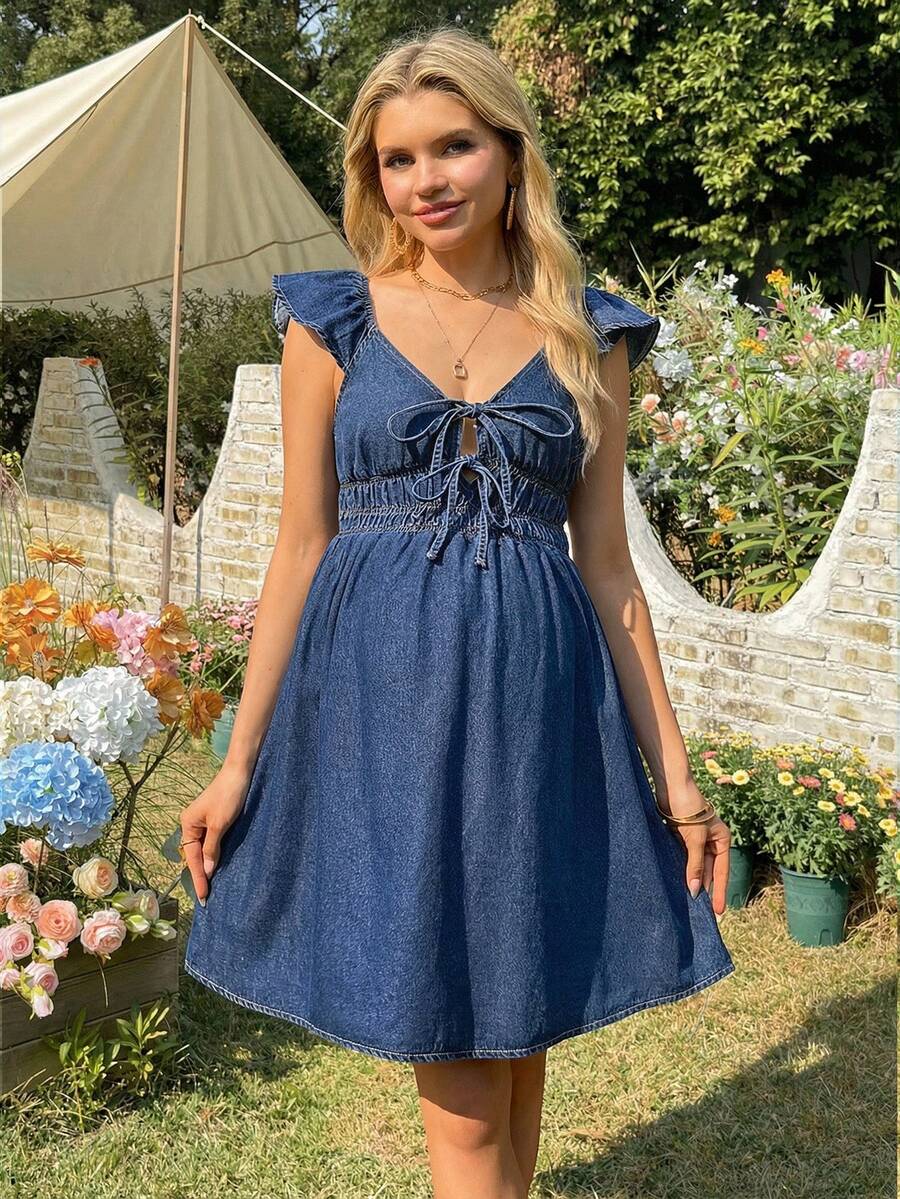 SHEIN Fashionable Casual Maternity Denim Dress With Puff Sleeves And Shirred Waist - Navy Blue - View 1